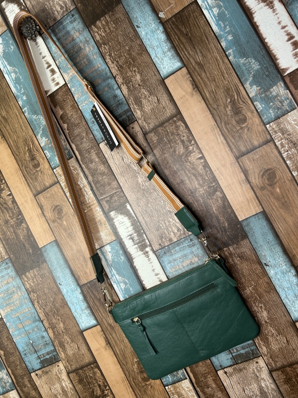 Green Leather Crossbody Bag with Adjustable Strap